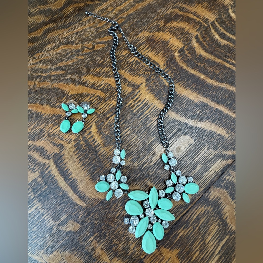 Mint Green Floral Statement Necklace and Earring Set